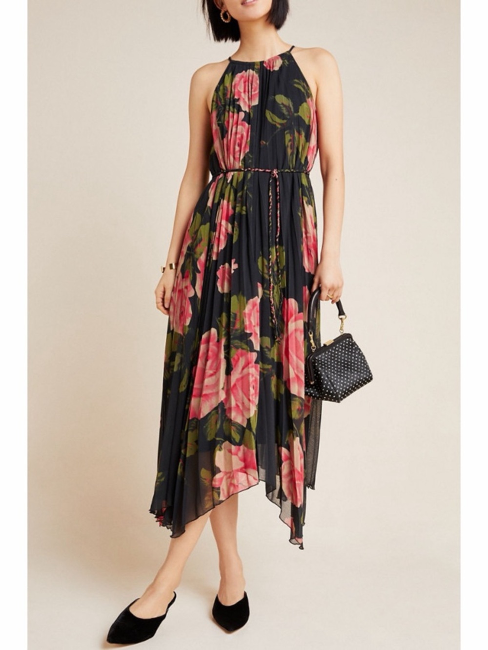 NWT‎ Anthropologie Emeline Black Multi Floral Pleated Boho Midi Dress